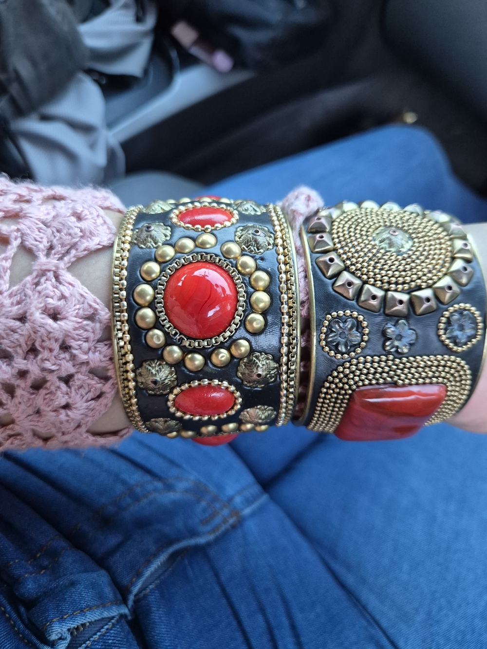 2 Vintage Red Carbochon and Gold Embellished Cuff Bracelets